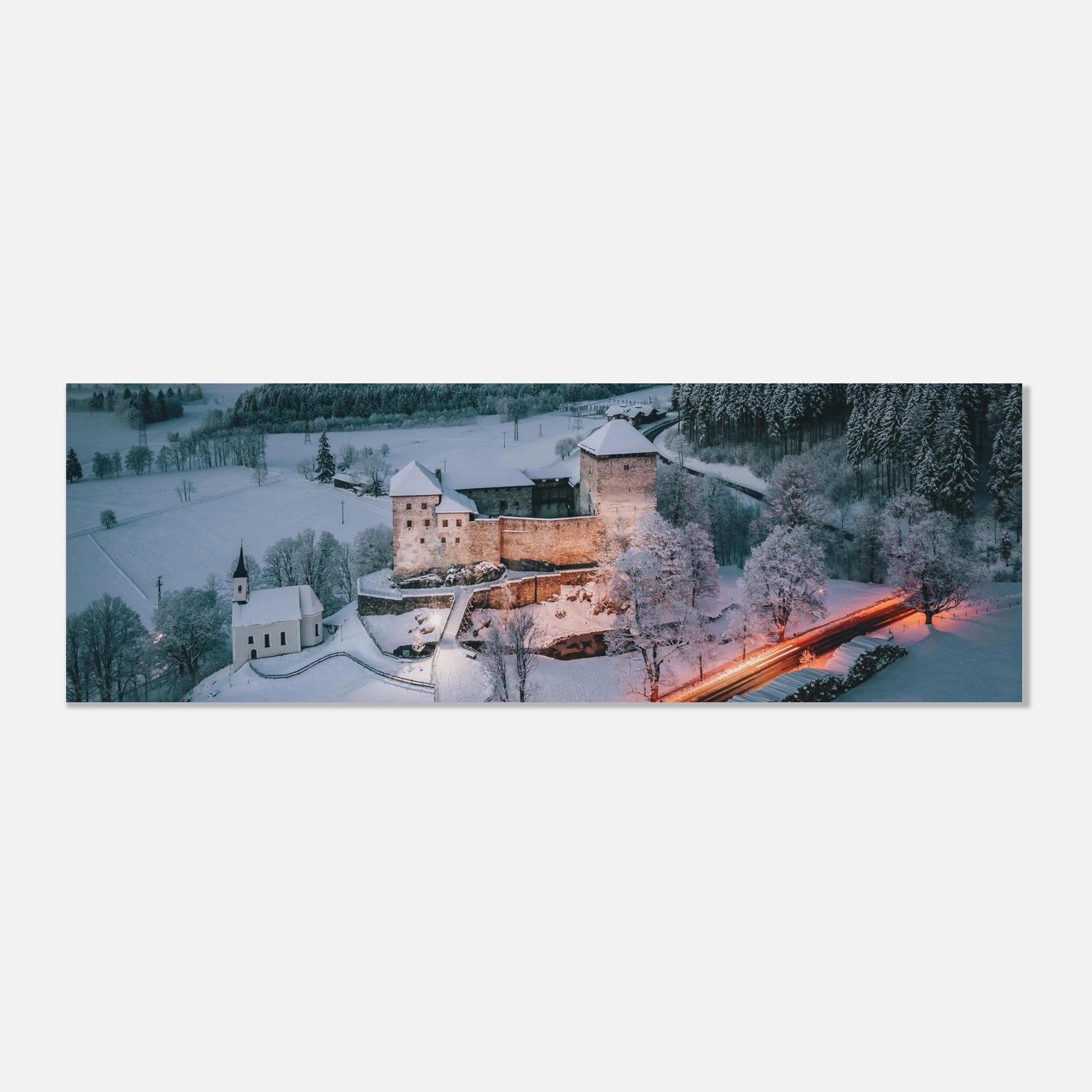 Forex - Burg Kaprun Winterabend Print Material JFK Photography Prints 20x60 cm / 8x24″