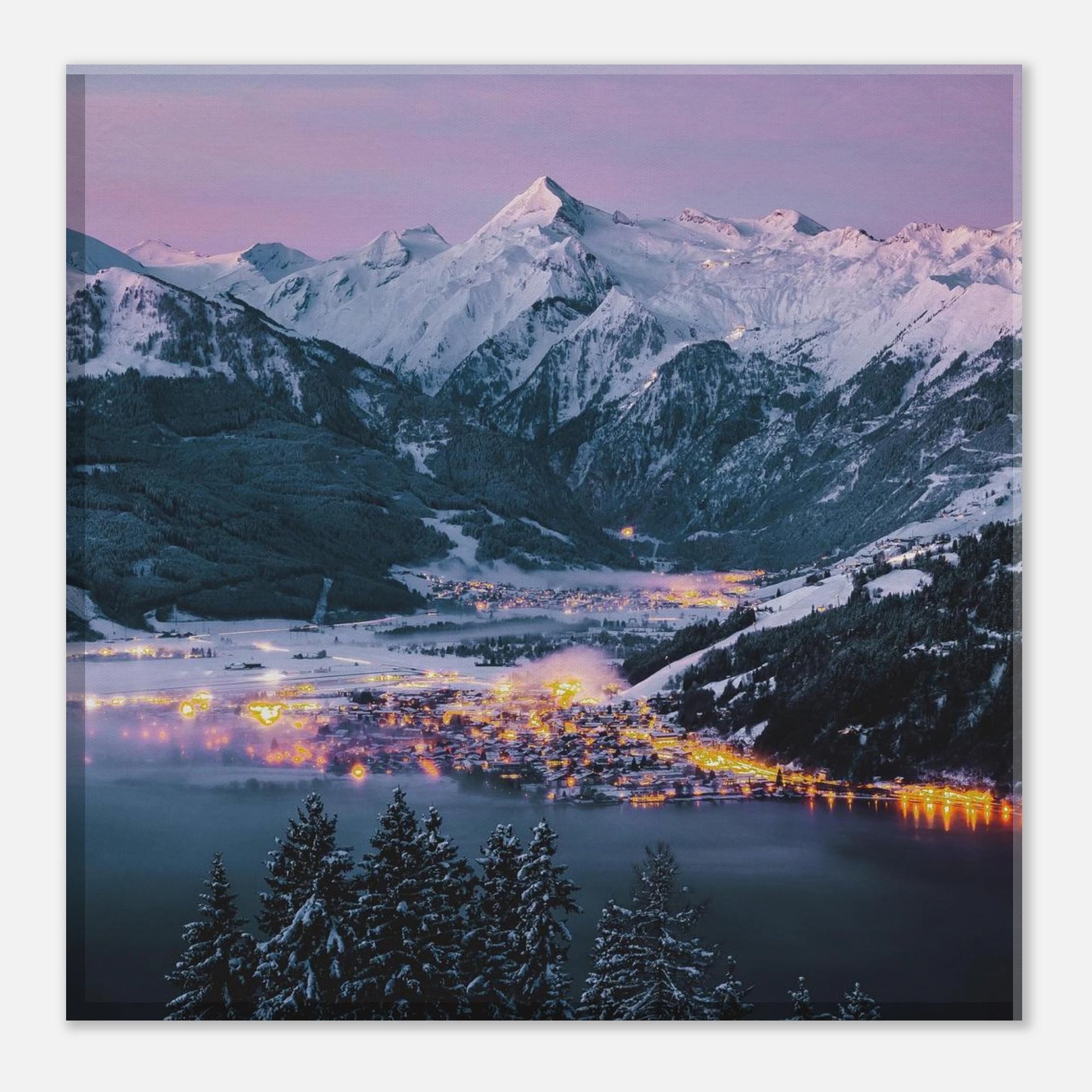 Leinwand Dick - Wintermorgen, Kaprun mit Kitzsteinhorn und Zeller See Print Material JFK Photography Prints 20x20 cm / 8x8″