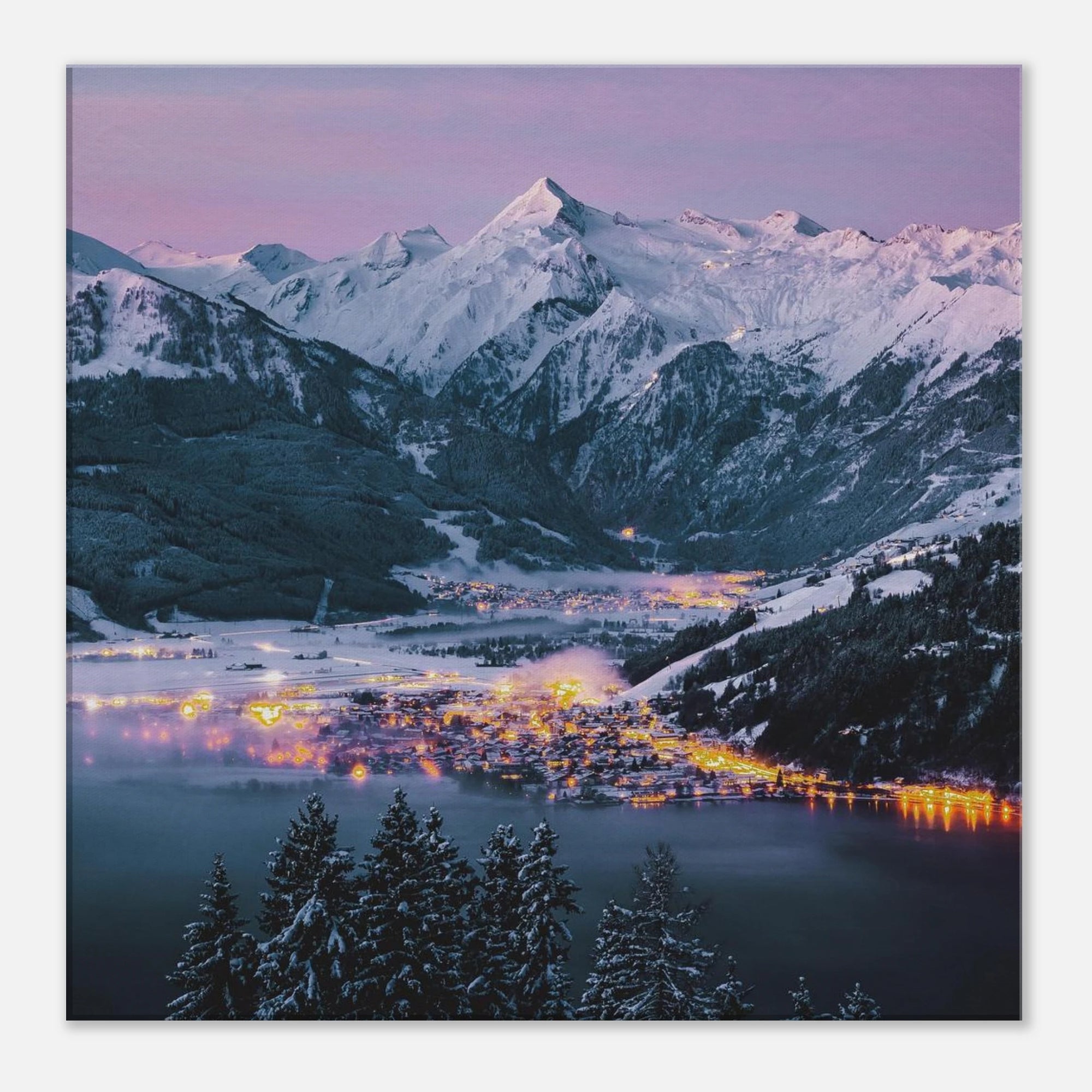 Leinwand Dick - Wintermorgen, Kaprun mit Kitzsteinhorn und Zeller See Print Material JFK Photography Prints 60x60 cm / 24x24″